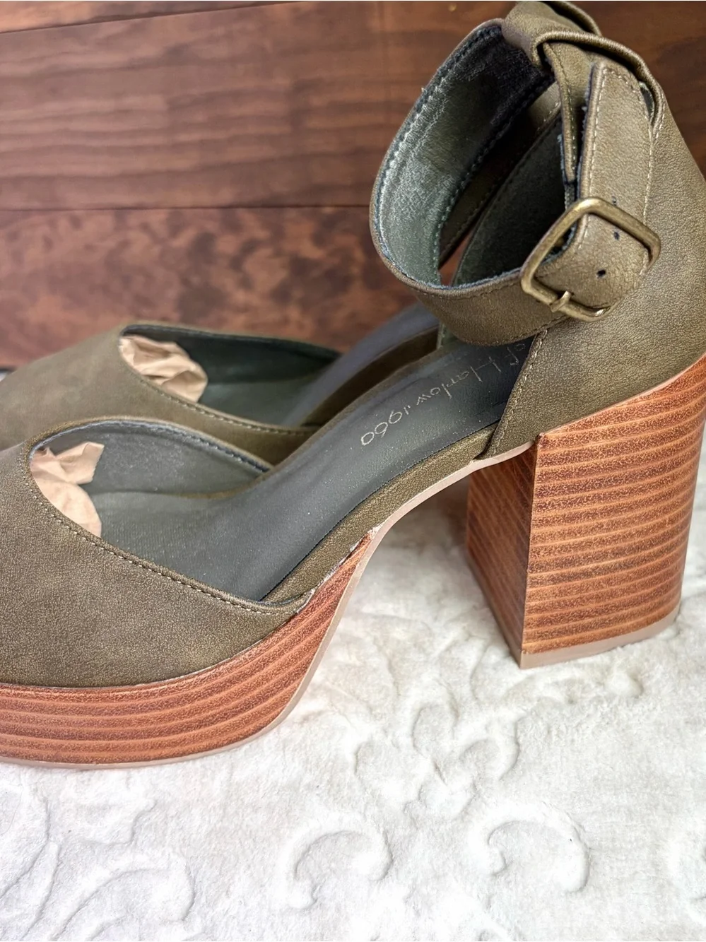 HOUSE OF HARLOW 1960 Sz 8.5M Green Platform Block Heel Earthy Boho Chic - Picture 4 of 16